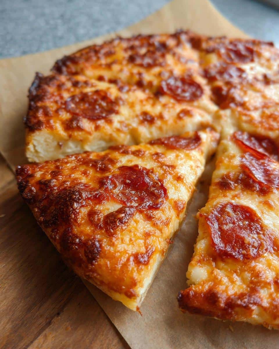 Close-up of a freshly baked Cast Iron Skillet Pizza topped with melted, browned cheese and pepperoni, cut into slices.
