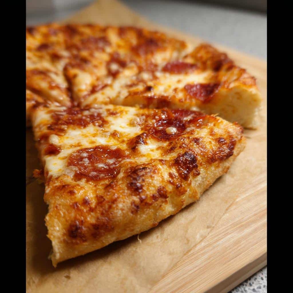 Close-up of a thick slice of Cast Iron Skillet Pizza with melted, bubbly cheese and pepperoni on a wooden board.