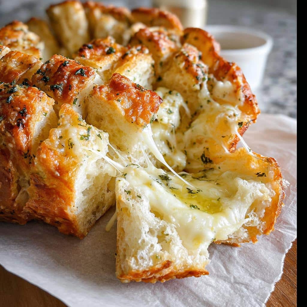 Close-up of Cheesy Garlic Pull-Apart Bread with melted cheese stretching between pieces.