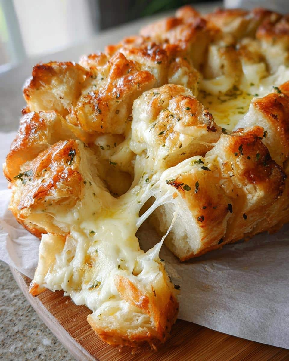 Close-up of Cheesy Garlic Pull-Apart Bread with melted cheese stretching between pieces.
