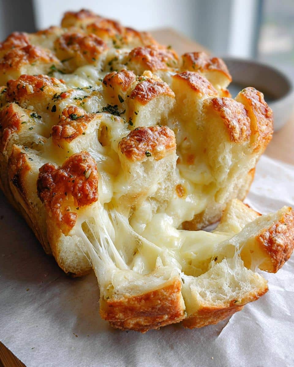 Close-up of Cheesy Garlic Pull-Apart Bread with melted cheese stretching as pieces are separated.
