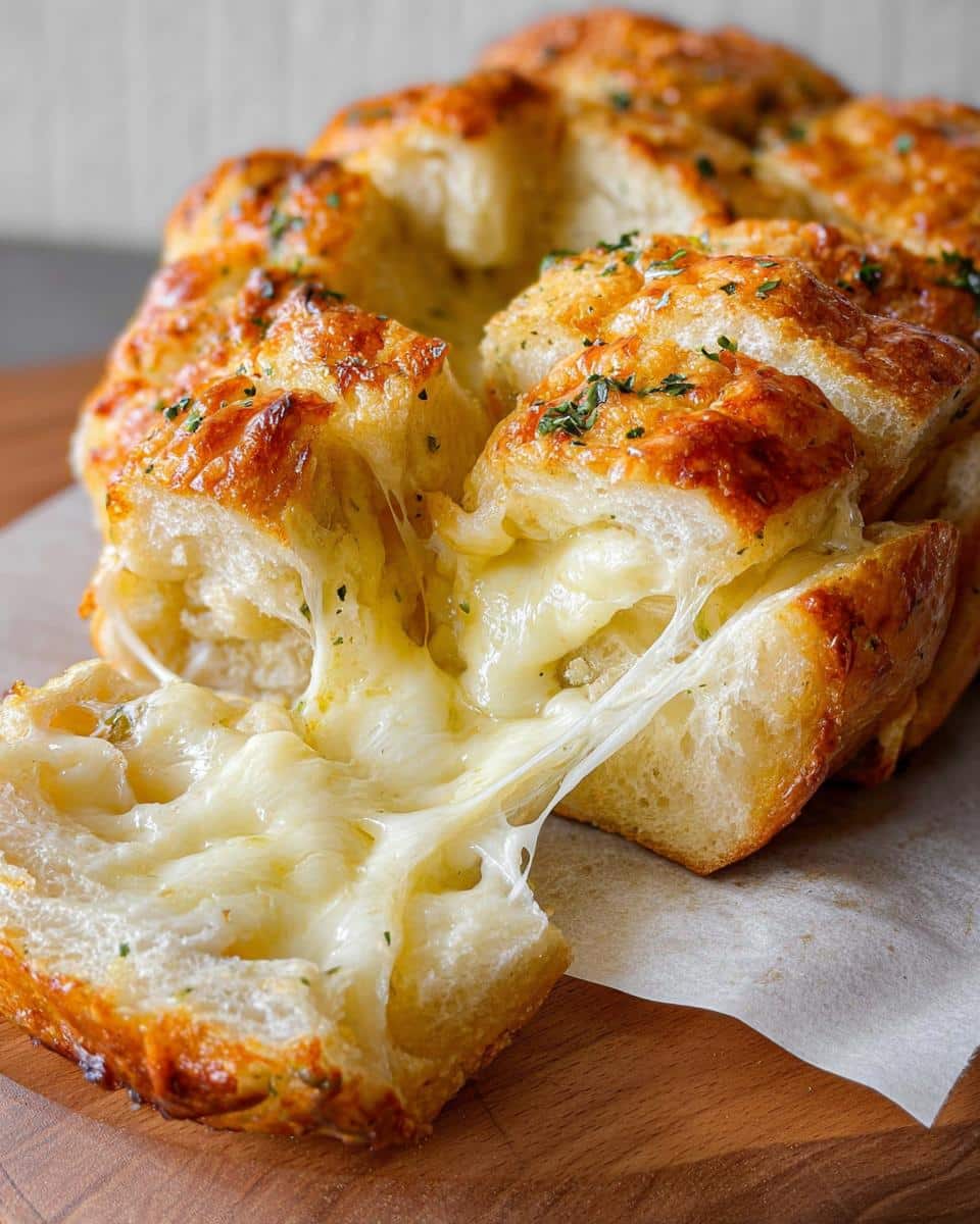 Close-up of Cheesy Garlic Pull-Apart Bread being pulled apart, showing melted, stringy cheese.