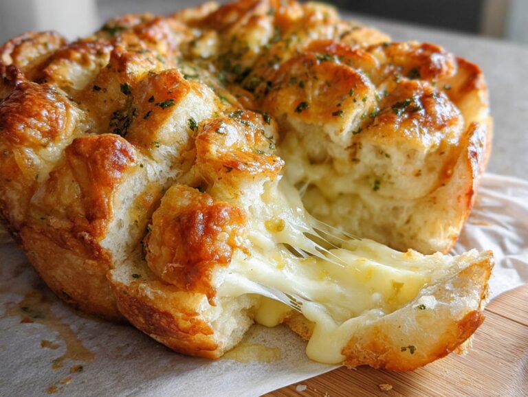 A piece of Cheesy Garlic Pull-Apart Bread being pulled away, showing long, melted cheese stretches.