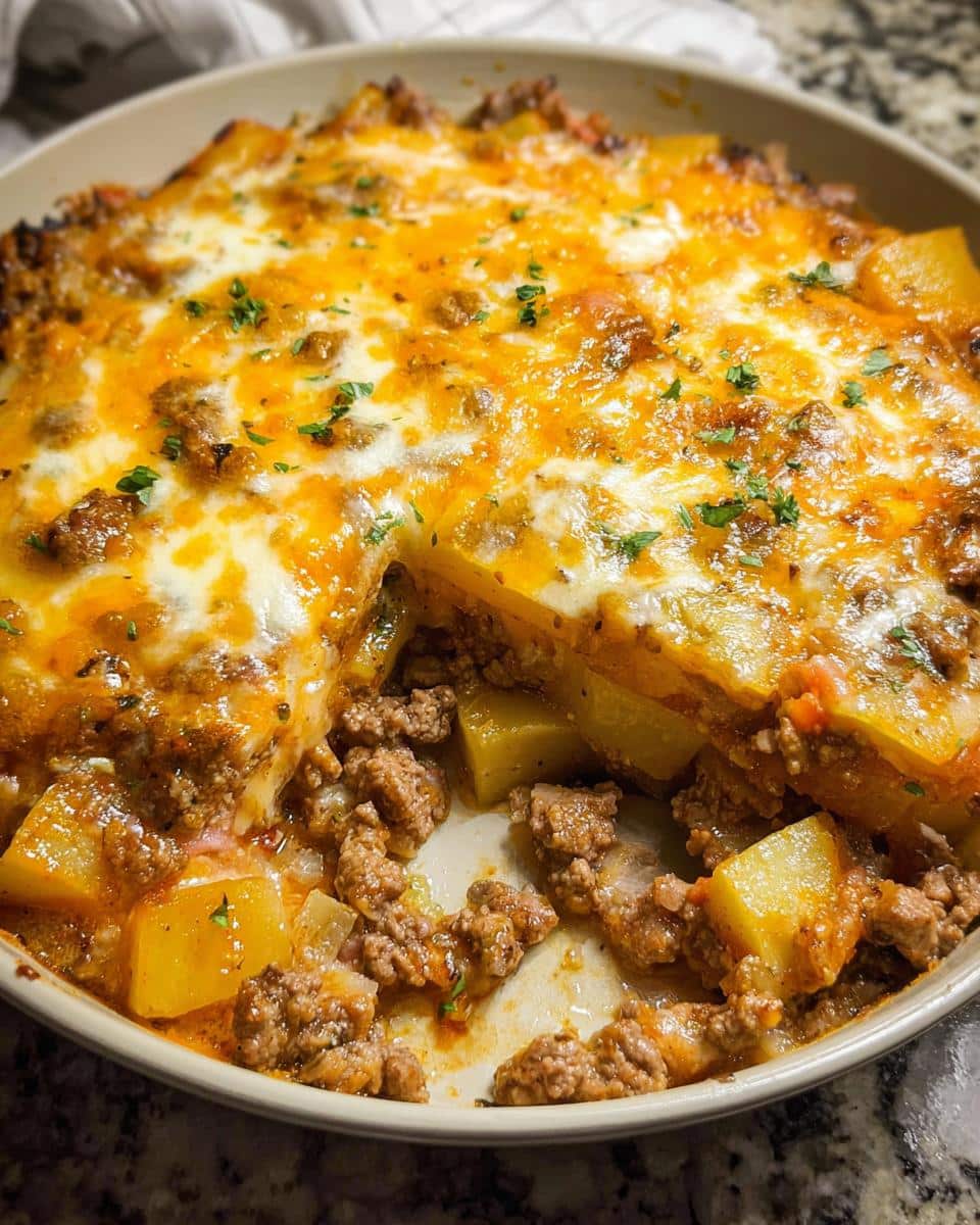 A serving dish containing a Cheesy Ground Beef & Potato Bake with a slice removed, showing layers of meat, potatoes, and a bubbly cheese topping.