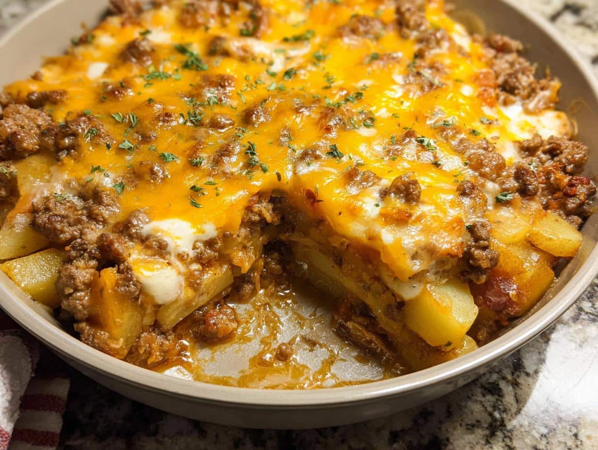A close-up of a serving dish containing Cheesy Ground Beef & Potato Bake, showing layers of potatoes, meat sauce, and melted cheddar cheese.