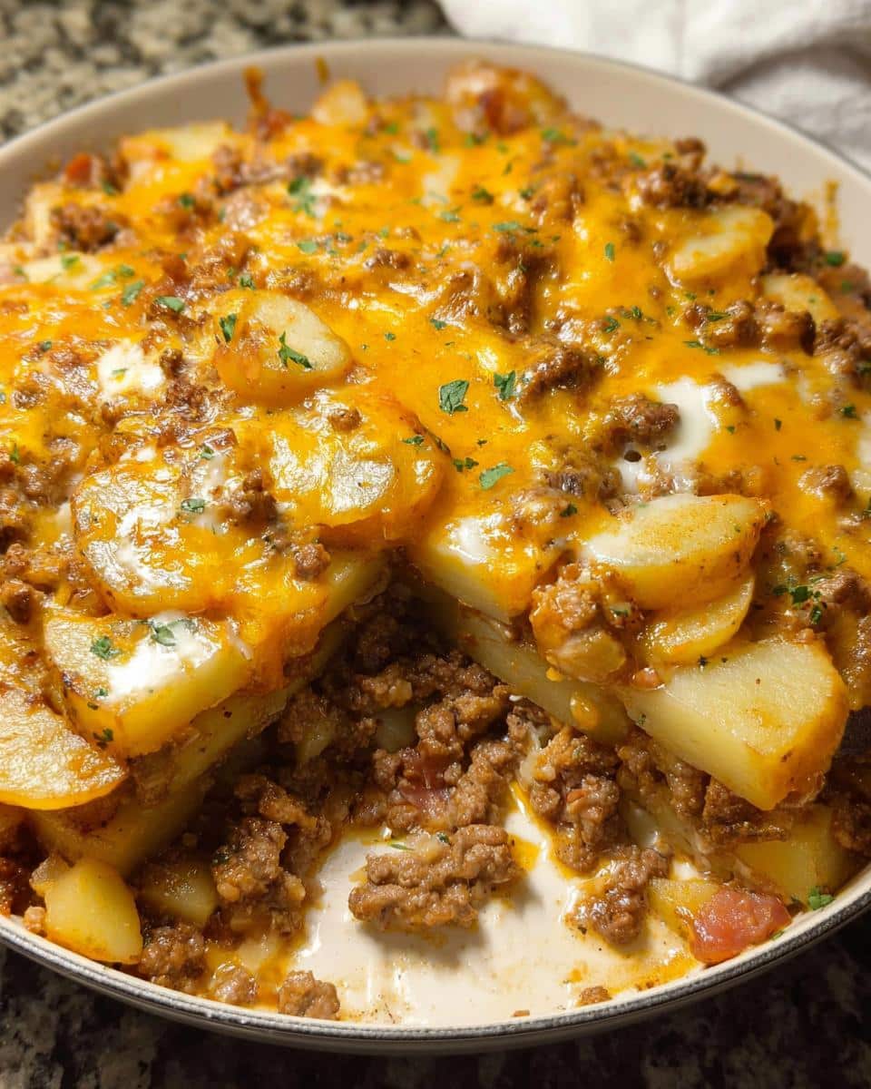 A serving dish showing a cross-section of the Cheesy Ground Beef & Potato Bake, layered with potatoes and ground meat, topped with melted cheddar cheese.