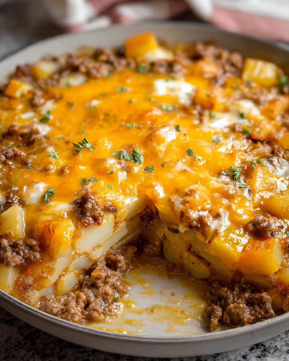 Close-up of a serving dish showing a slice removed from the Cheesy Ground Beef & Potato Bake, topped with melted cheddar cheese.