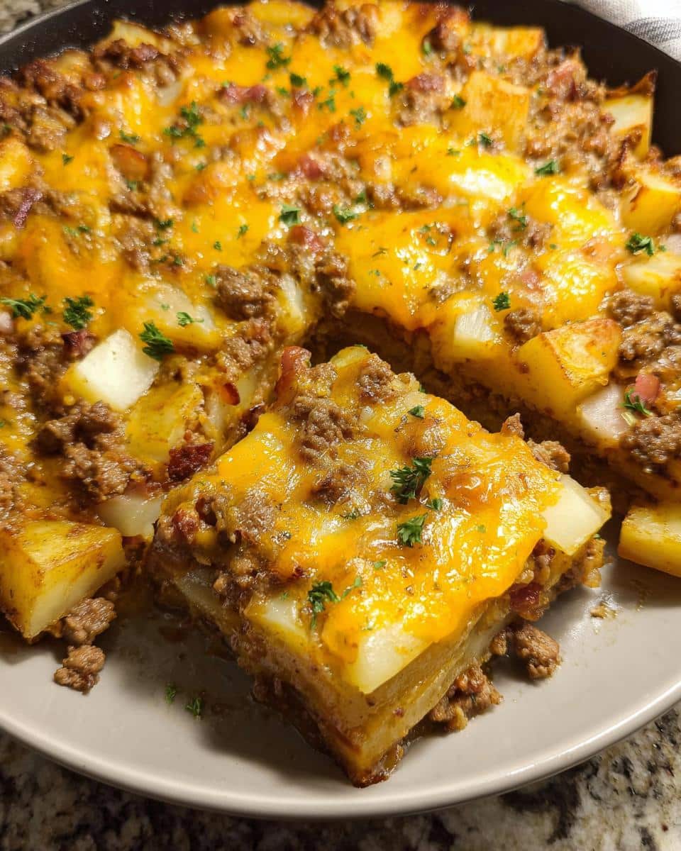 A square slice of Cheesy Ground Beef & Potato Bake, layered with potatoes, meat, and melted cheddar cheese, garnished with parsley.