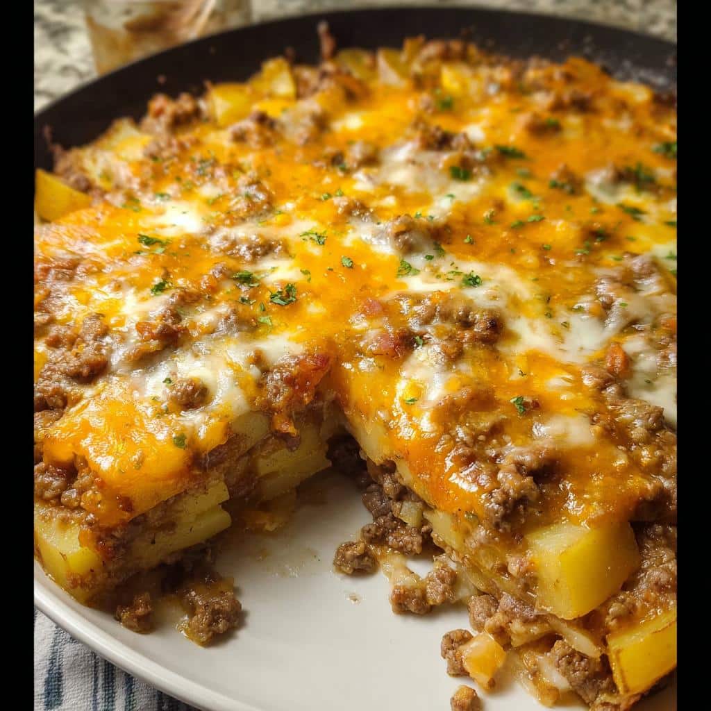 A close-up view of a slice removed from a Cheesy Ground Beef & Potato Bake, showing layers of potatoes and seasoned meat topped with melted cheddar and mozzarella.
