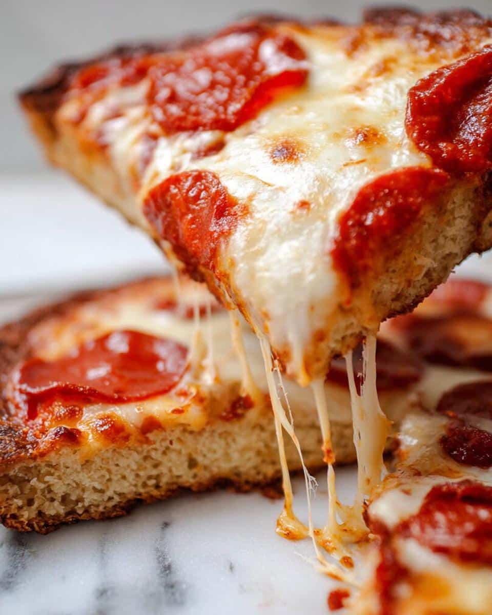 A slice of pepperoni pizza with extremely cheesy, stretching mozzarella being lifted from the rest of the Almond Flour Keto Pizza Crust.