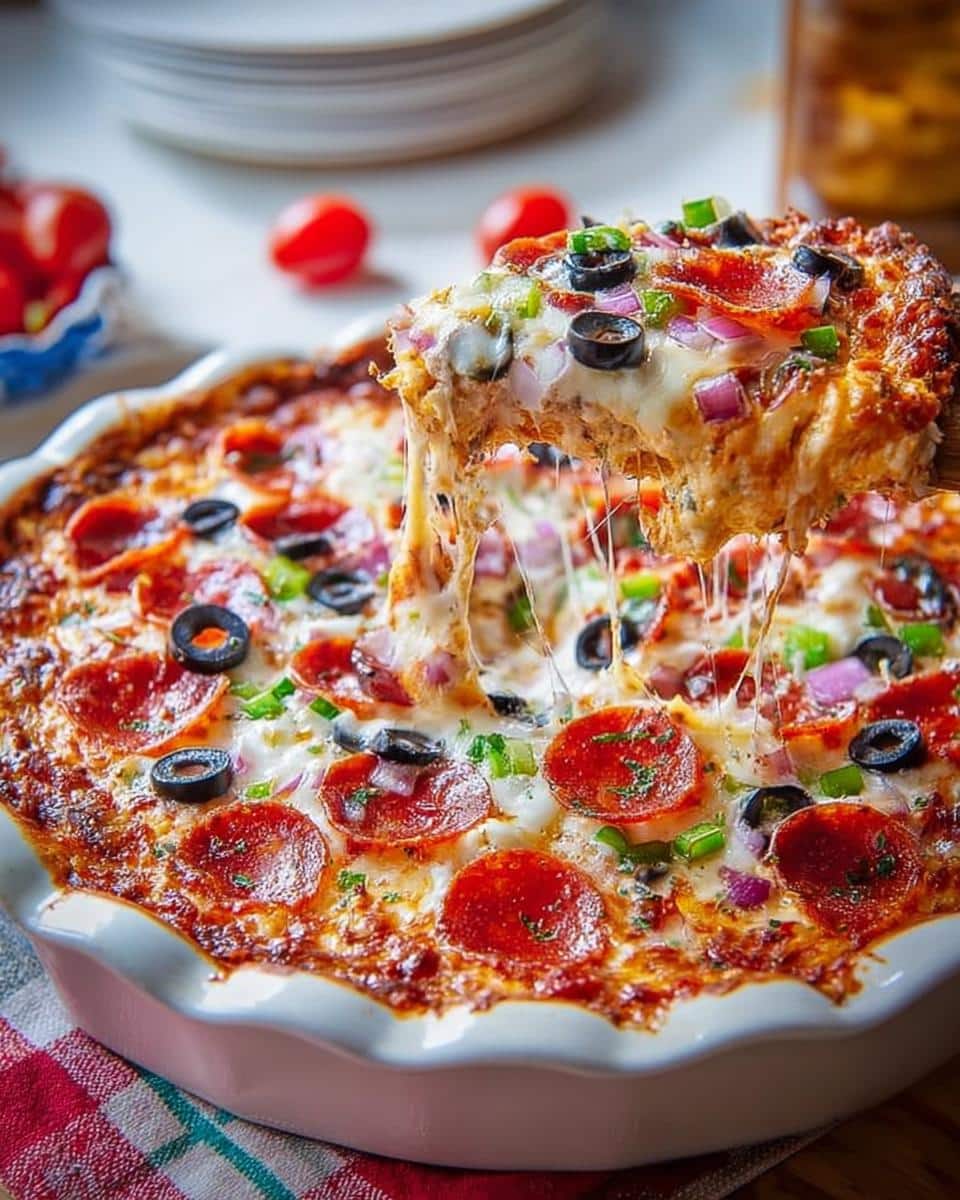 A serving spoon lifts a portion of hot Cheesy Pizza Dip, showing extreme cheese pull, topped with pepperoni and olives.