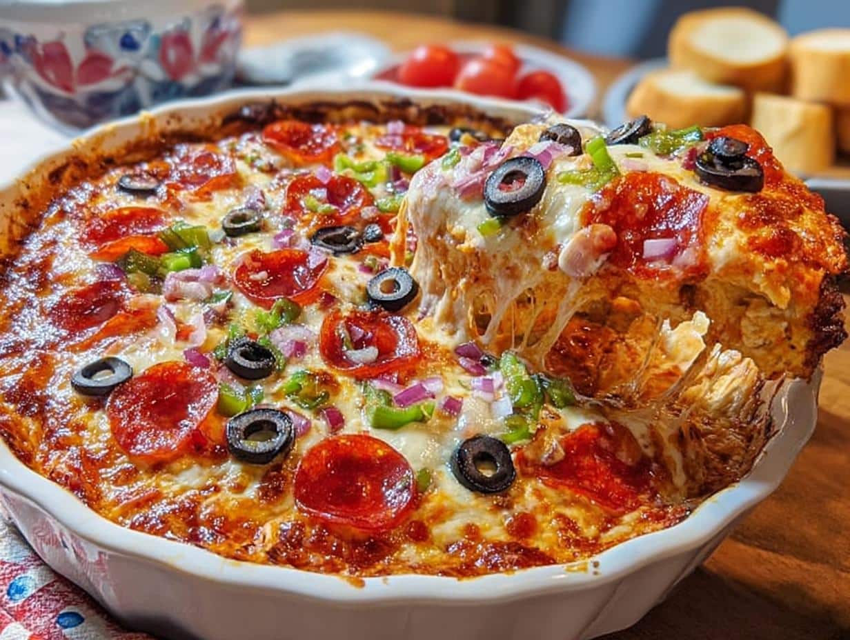 A scoop being lifted from a baked Cheesy Pizza Dip, showing extreme cheese pull and toppings like pepperoni and olives.