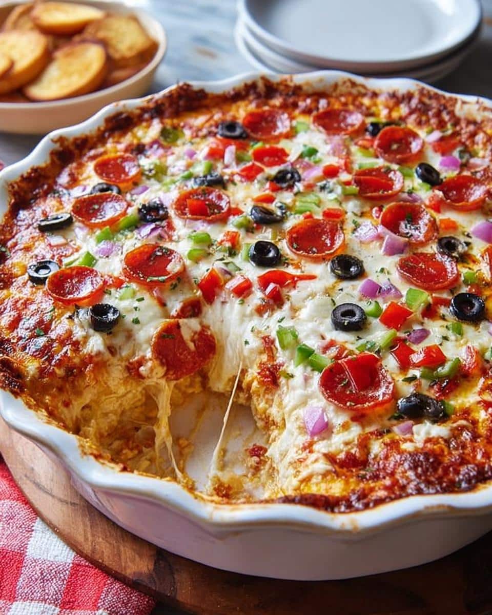 A scoop has been taken out of the baked Cheesy Pizza Dip, showing extreme cheese pull, topped with pepperoni, olives, and peppers.