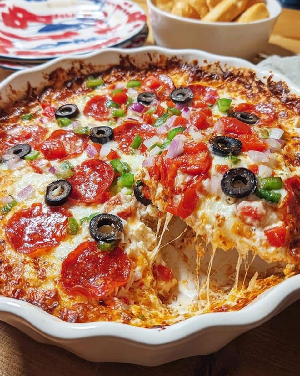 A scoop is being pulled from the hot Cheesy Pizza Dip, showing long cheese strings stretching between the dip and the serving utensil.