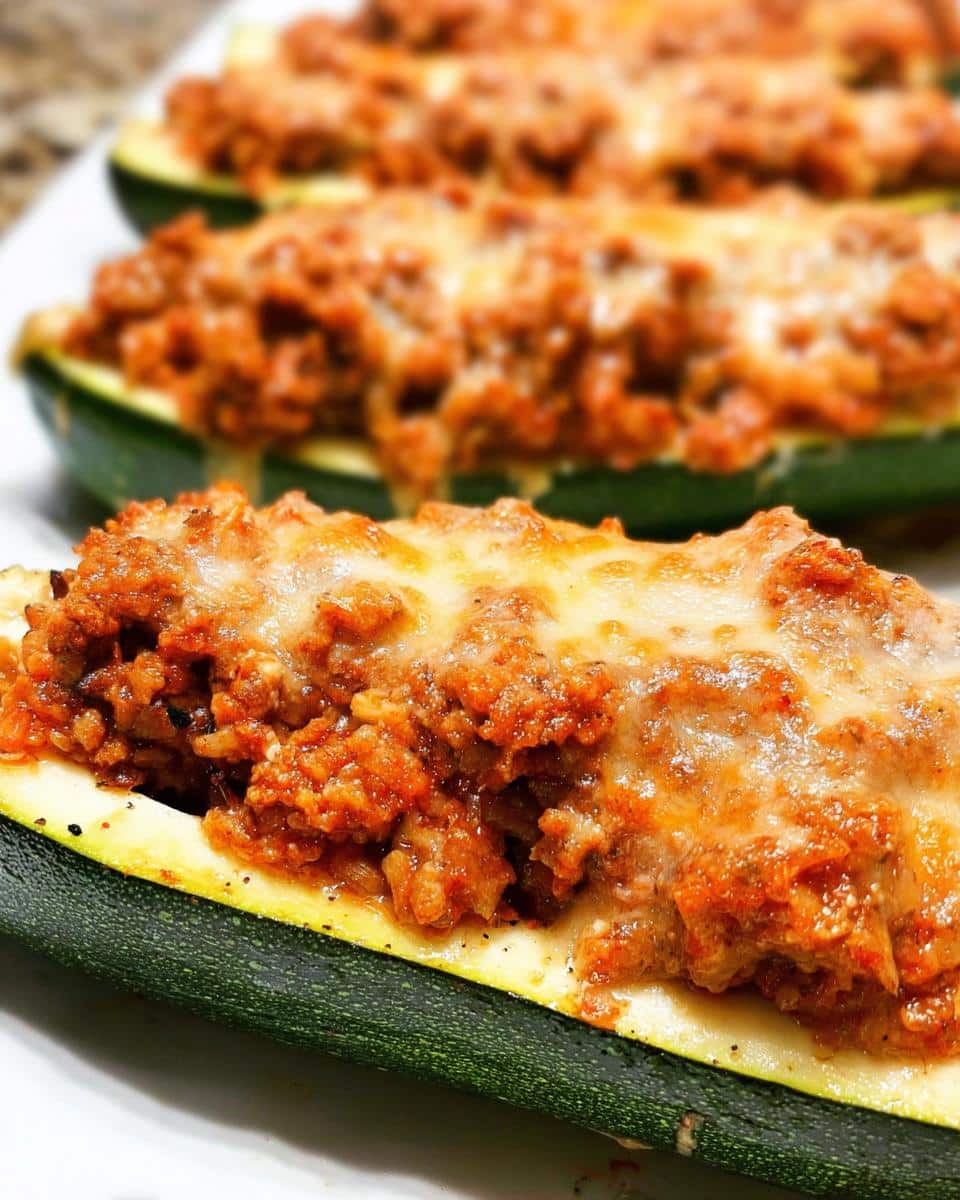 Close-up of a baked Stuffed Zucchini Boat filled with meat sauce and topped with melted cheese.