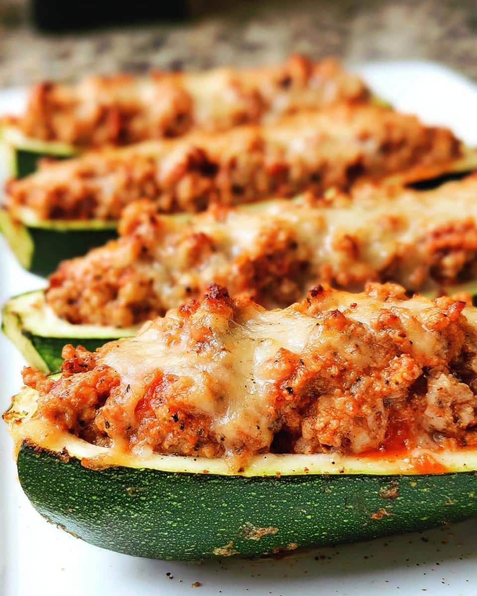 A close-up of baked Stuffed Zucchini Boats filled with savory meat mixture and topped with melted cheese.