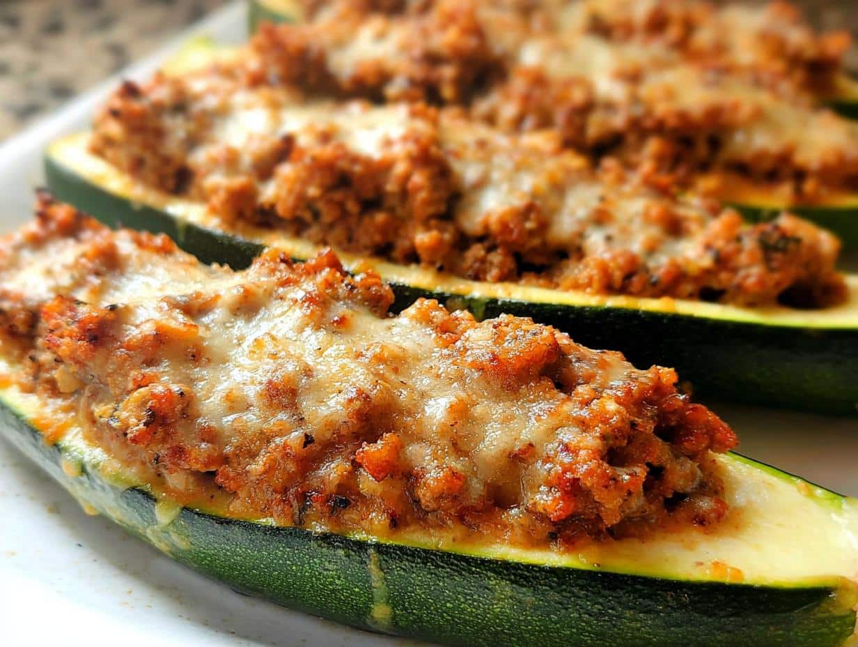 Close-up of baked Stuffed Zucchini Boats filled with savory meat mixture and topped with melted cheese.