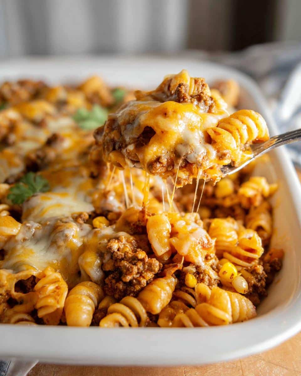 A spoonful of cheesy Taco Ground Beef Casserole showing melted cheese pulling away from the pasta and seasoned meat.