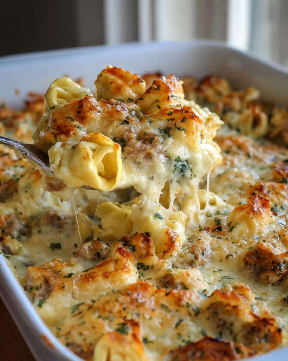 A spoonful of cheesy Tortellini Alfredo Bake showing a delicious cheese pull over the baked casserole.