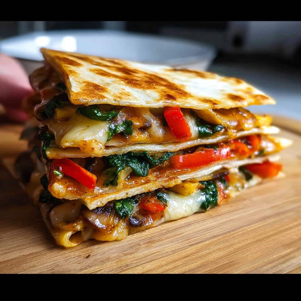 A tall stack of golden-brown Cheesy Veggie Quesadilla wedges filled with melted cheese, spinach, and red peppers.