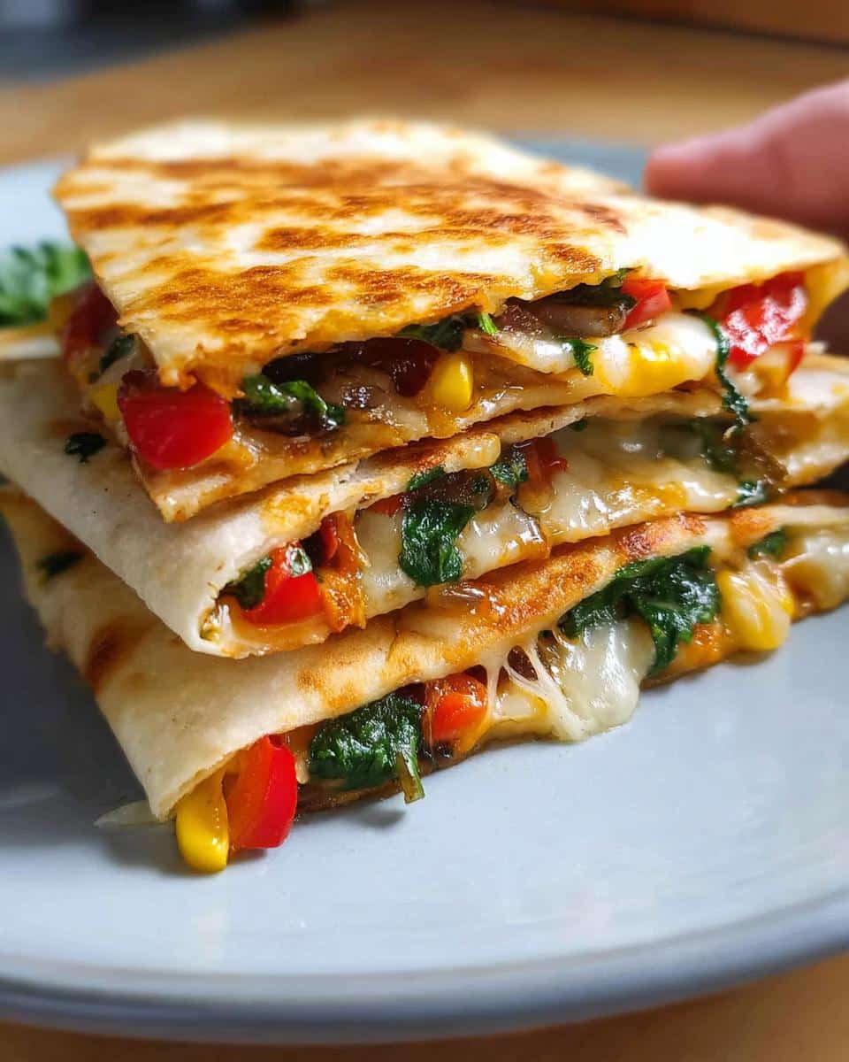 A stack of three golden-brown Cheesy Veggie Quesadilla wedges showing melted cheese, spinach, corn, and red peppers.