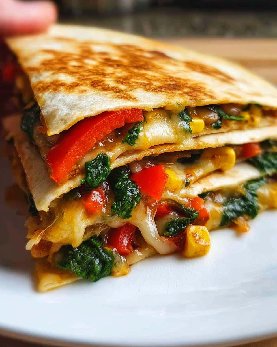 Close-up of a stack of golden-brown Cheesy Veggie Quesadilla slices showing melted cheese, spinach, corn, and red peppers.