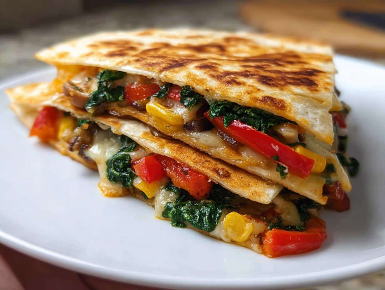 Stack of golden brown Cheesy Veggie Quesadilla wedges showing melted cheese and colorful sautéed vegetables.