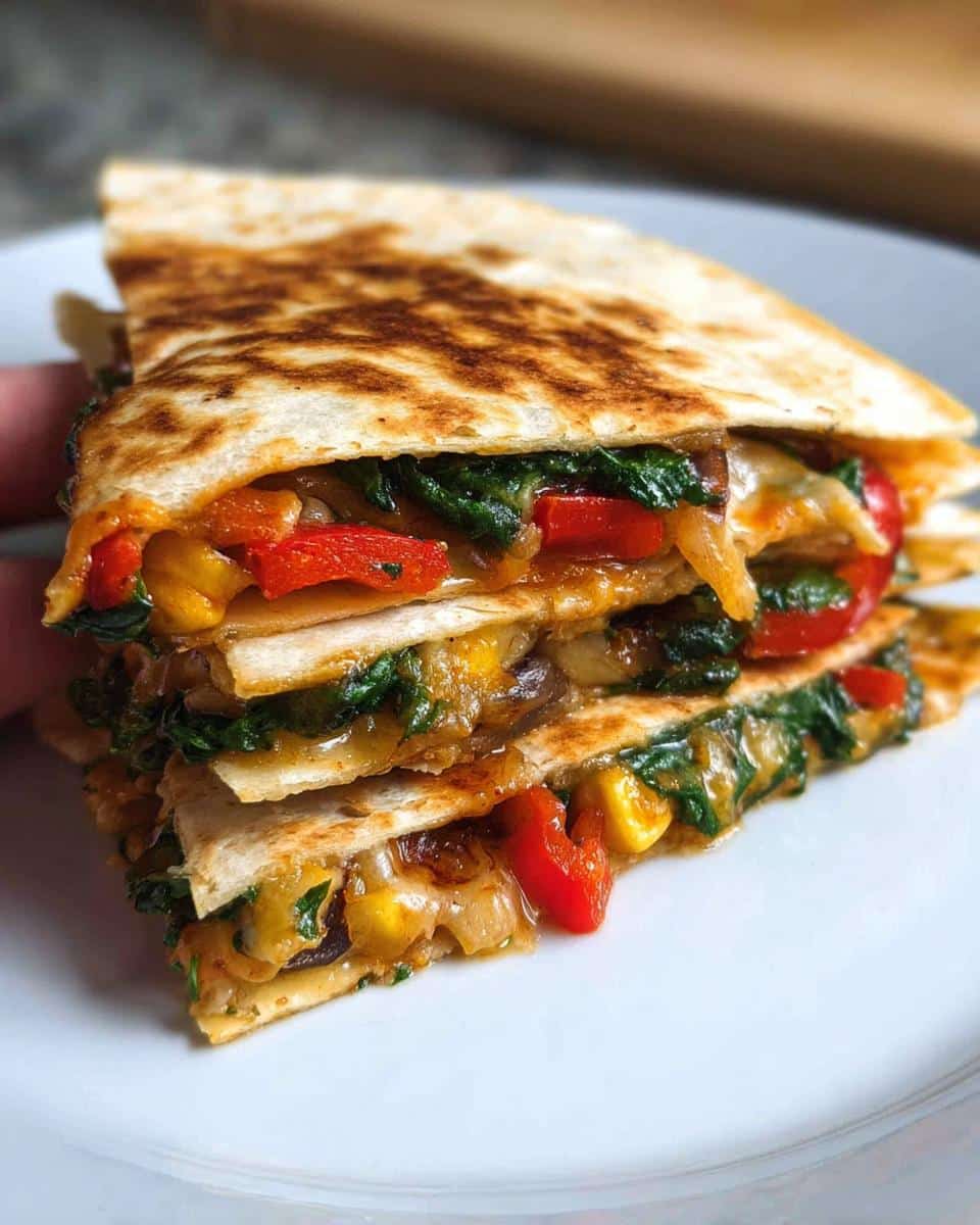 Close-up of stacked, grilled Cheesy Veggie Quesadilla wedges overflowing with melted cheese, spinach, corn, and red peppers.