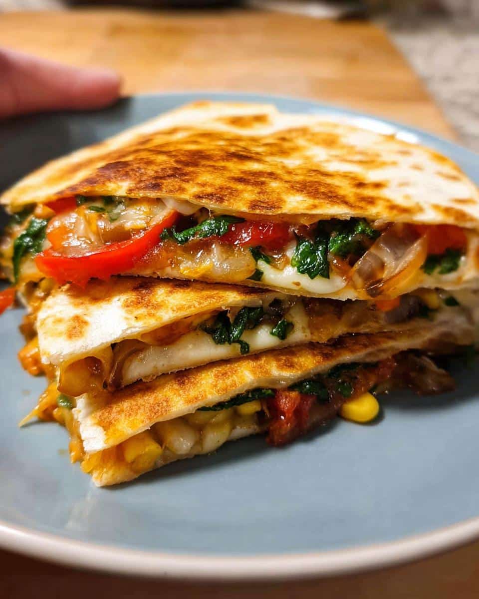 Three stacked wedges of a golden-brown Cheesy Veggie Quesadilla filled with melted cheese, spinach, corn, and peppers.