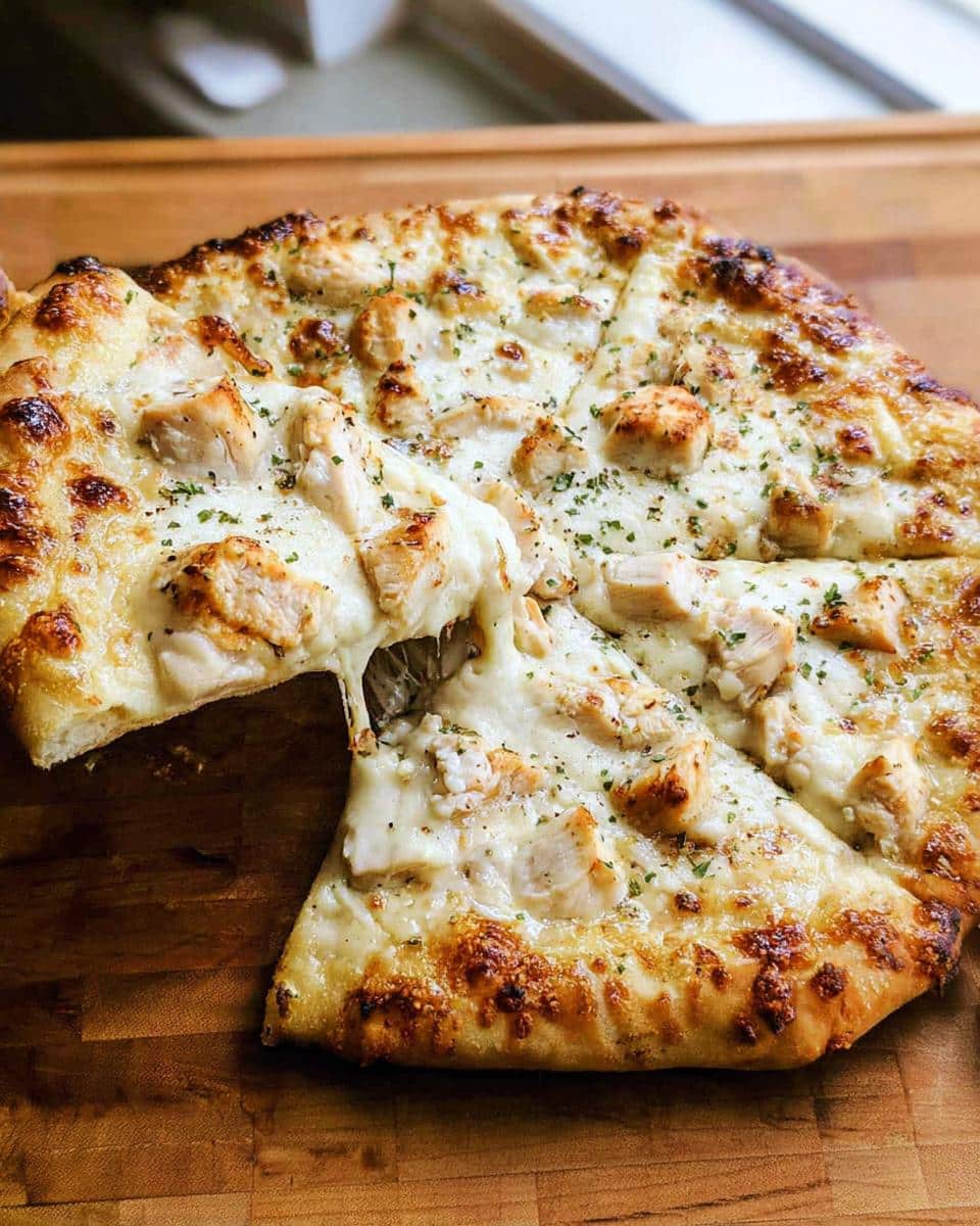 A slice of cheesy Chicken Alfredo Pizza is being pulled away, showing a delicious cheese pull.