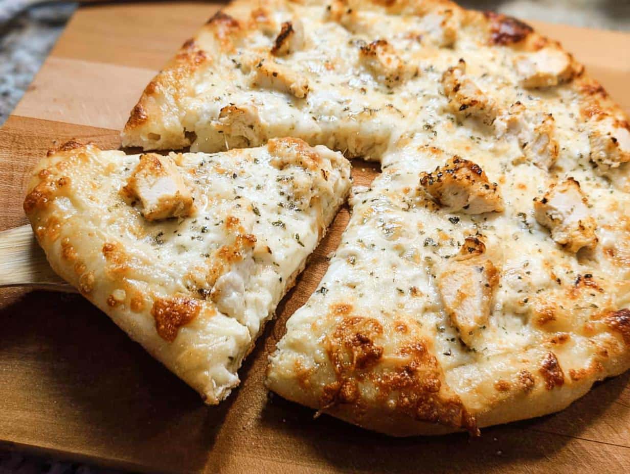 A close-up of a freshly baked Chicken Alfredo Pizza on a wooden board, with one slice being lifted.