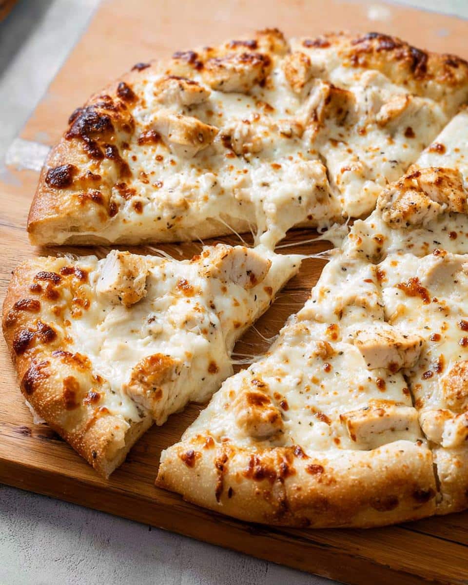 A freshly baked Chicken Alfredo Pizza, sliced, showing a dramatic cheese pull between two pieces.