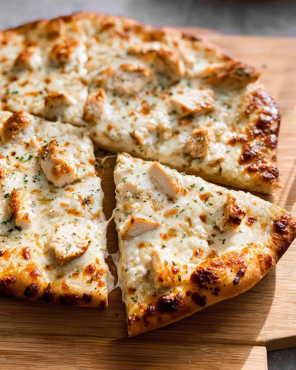 Close-up of a freshly baked Chicken Alfredo Pizza, sliced and topped with melted cheese and chicken pieces.