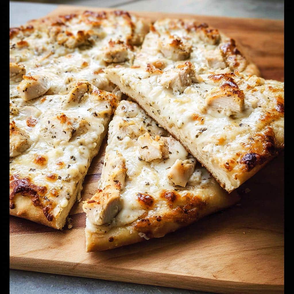 Close-up of a freshly baked Chicken Alfredo Pizza, sliced and served on a wooden cutting board.
