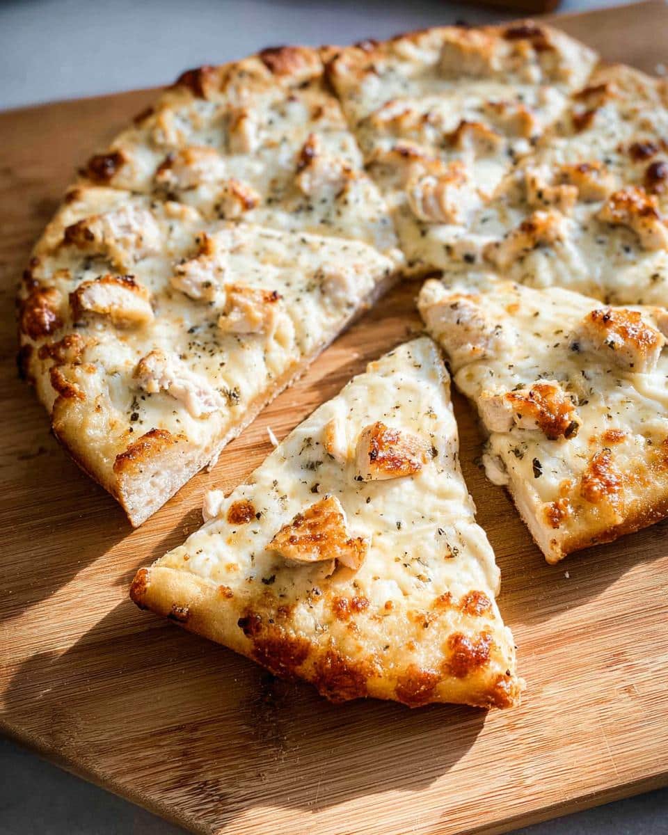 A close-up of a freshly baked Chicken Alfredo Pizza, sliced and served on a wooden board.