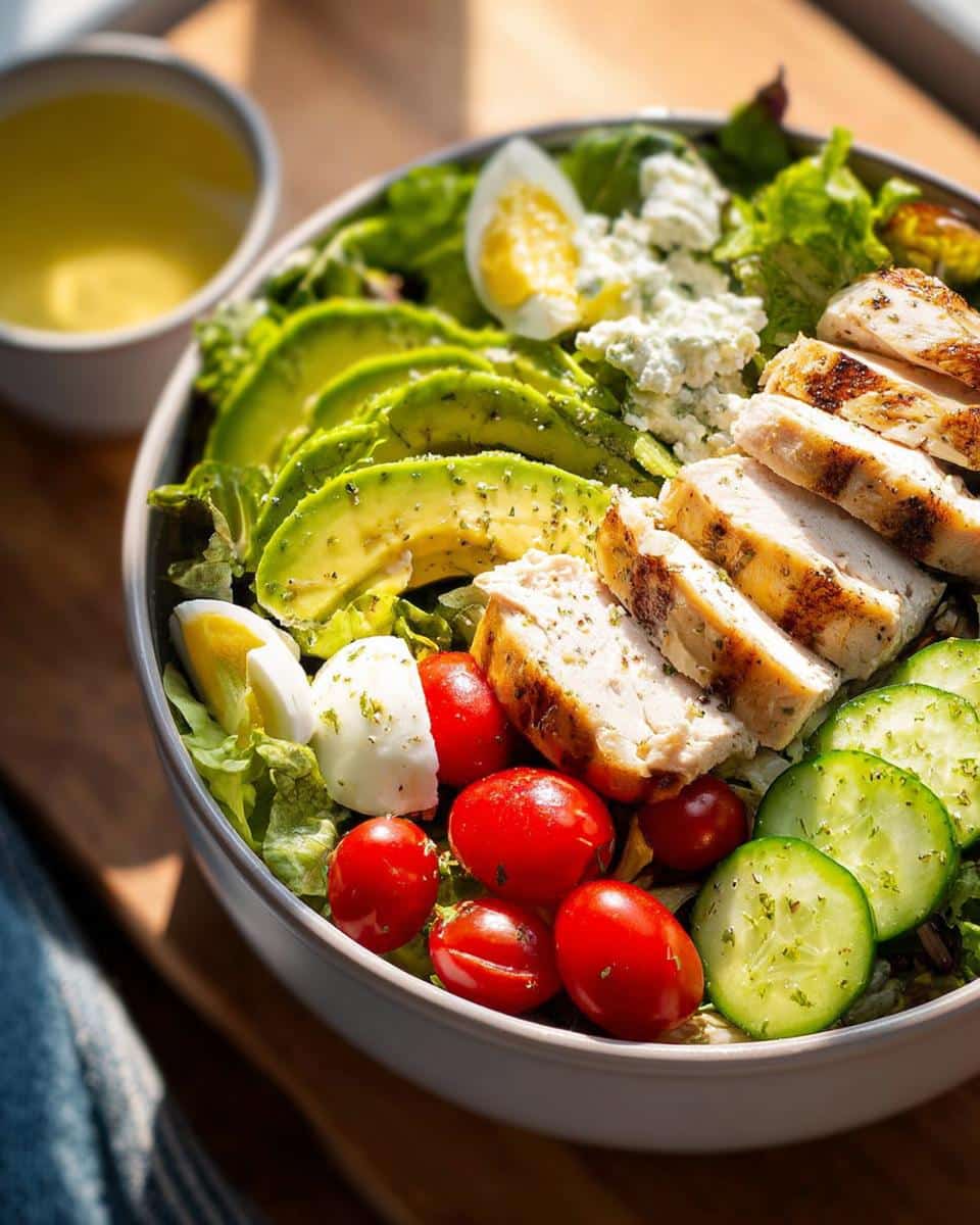 A vibrant Chicken Avocado Salad Bowl featuring sliced grilled chicken, avocado, cherry tomatoes, cucumber, and egg.
