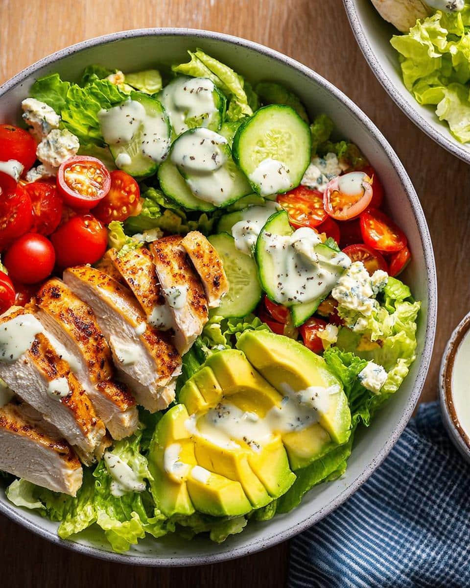 A vibrant Chicken Avocado Salad Bowl featuring sliced grilled chicken, fanned avocado, cherry tomatoes, cucumbers, and blue cheese crumbles with ranch dressing.
