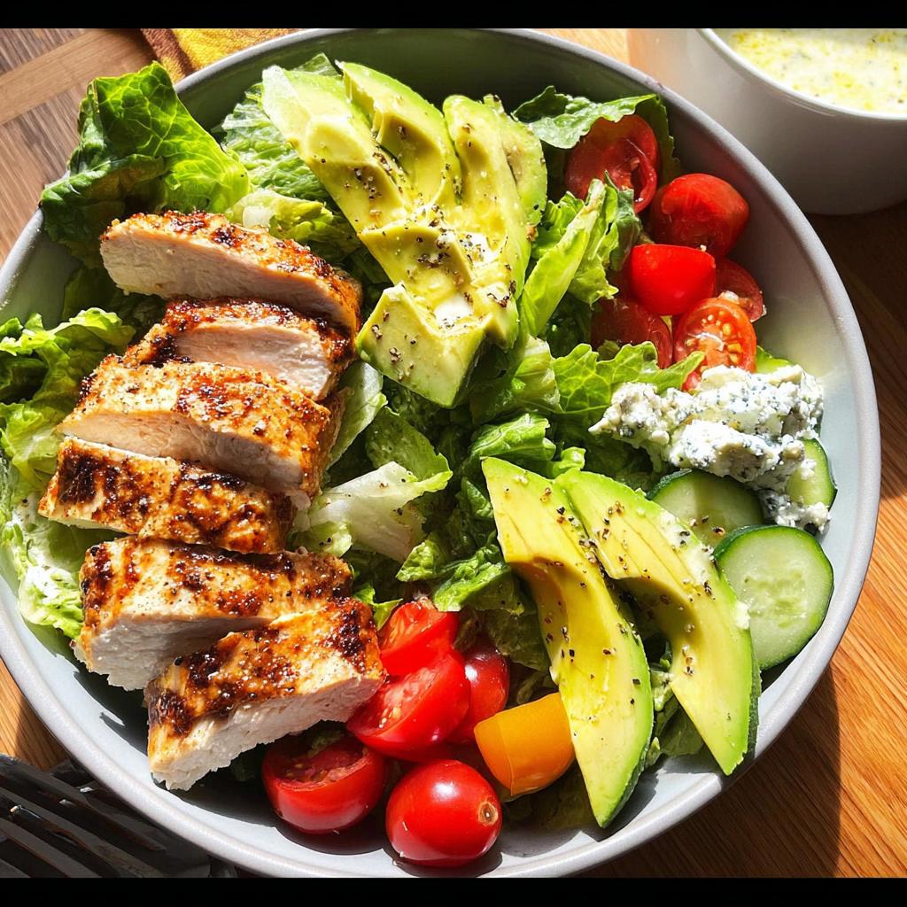 Close-up of a vibrant Chicken Avocado Salad Bowl featuring sliced grilled chicken, avocado, tomatoes, and blue cheese.