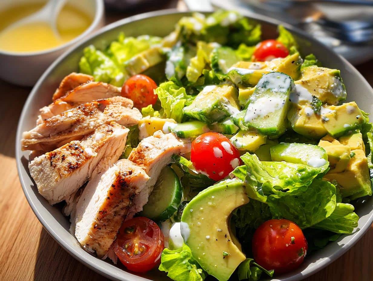 A vibrant Chicken Avocado Salad Bowl featuring sliced grilled chicken, chunks of avocado, cherry tomatoes, and lettuce with a creamy dressing.