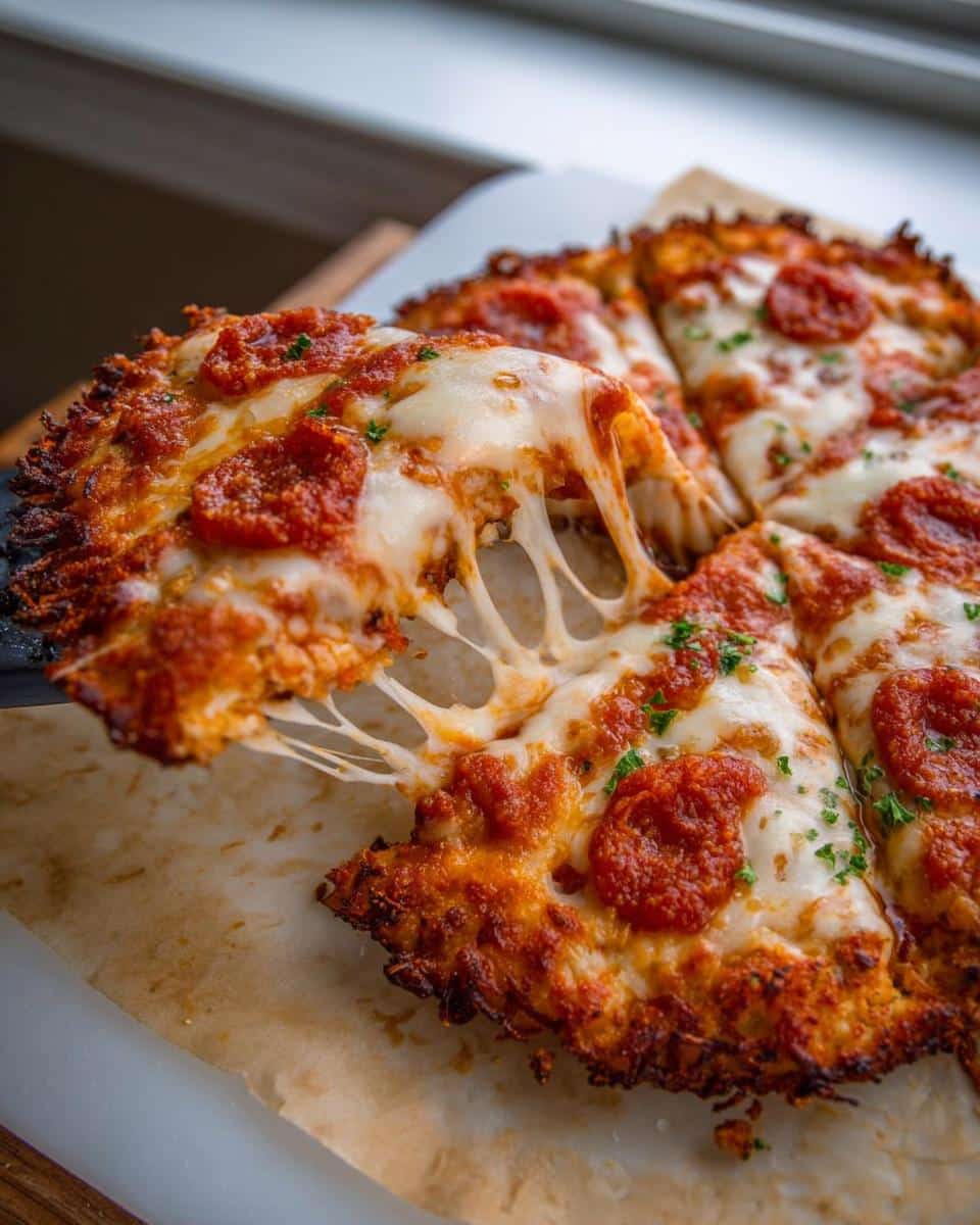 A slice of pepperoni Chicken Crust Pizza being lifted, showing an amazing cheese pull.