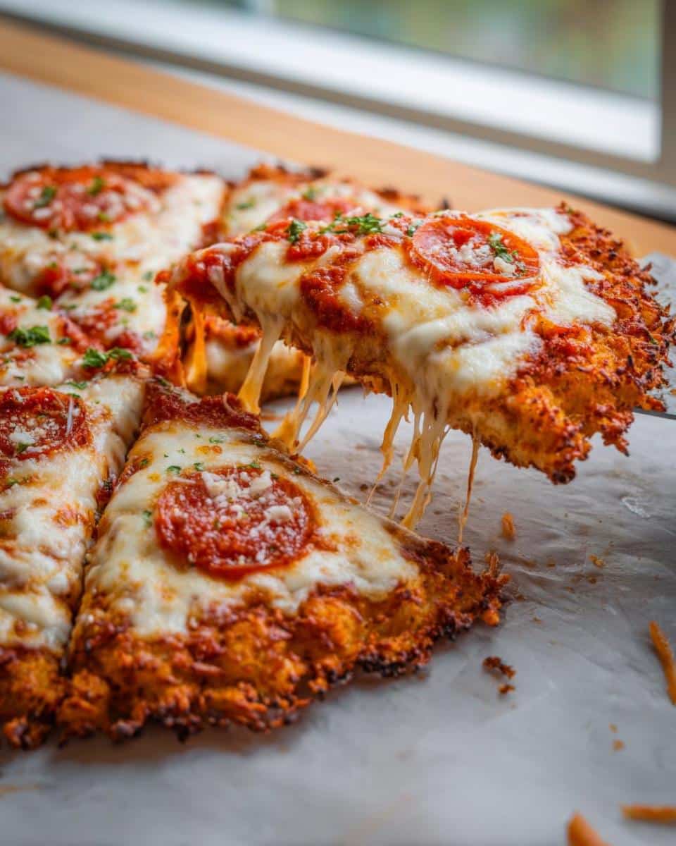 A slice of Chicken Crust Pizza being lifted, showing extreme cheese pull and pepperoni topping.