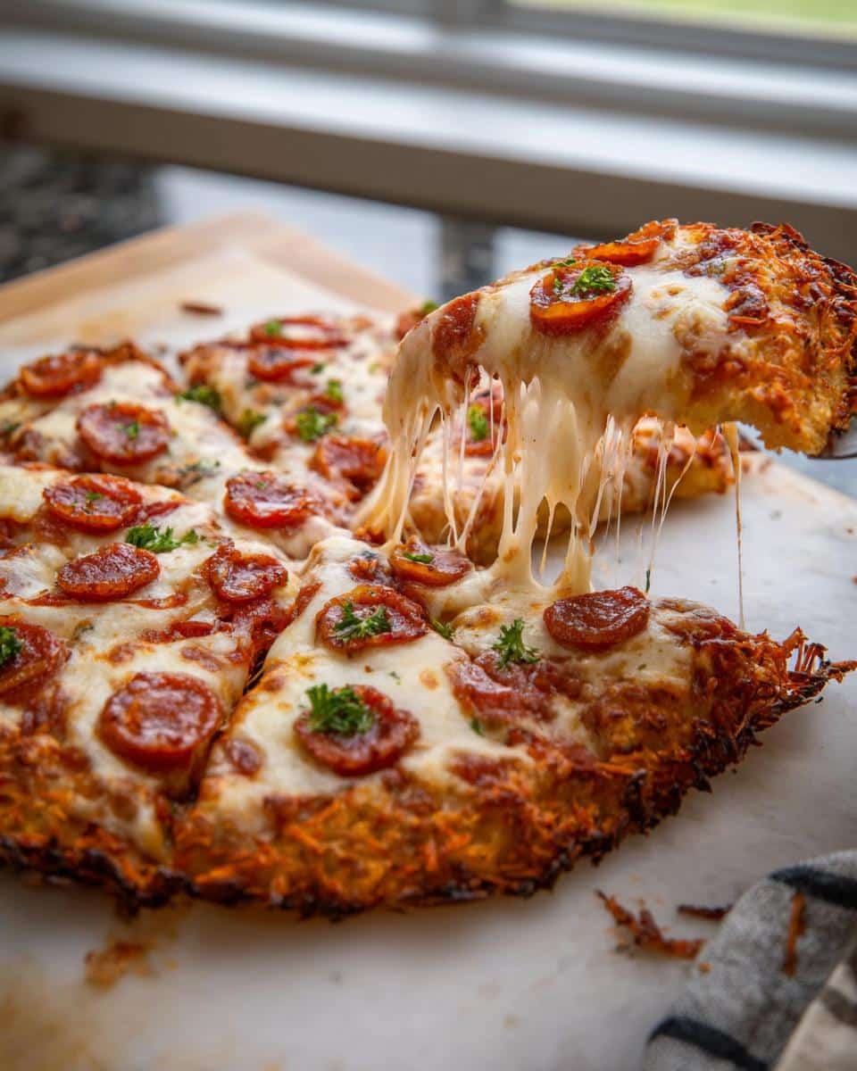 A slice of pepperoni Chicken Crust Pizza is lifted, showing extreme cheese pull and a crispy browned crust.