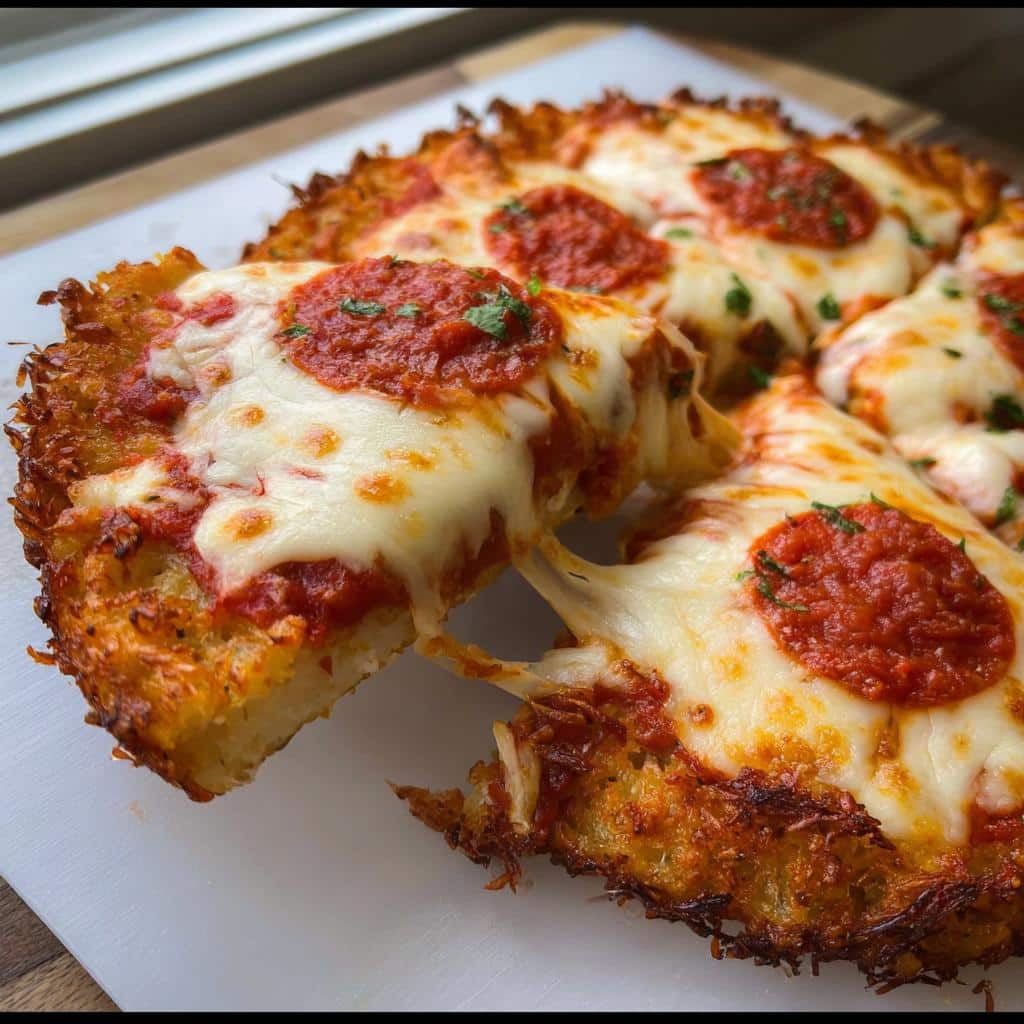 A slice of delicious Chicken Crust Pizza being lifted, showing a dramatic cheese pull and crispy edges.