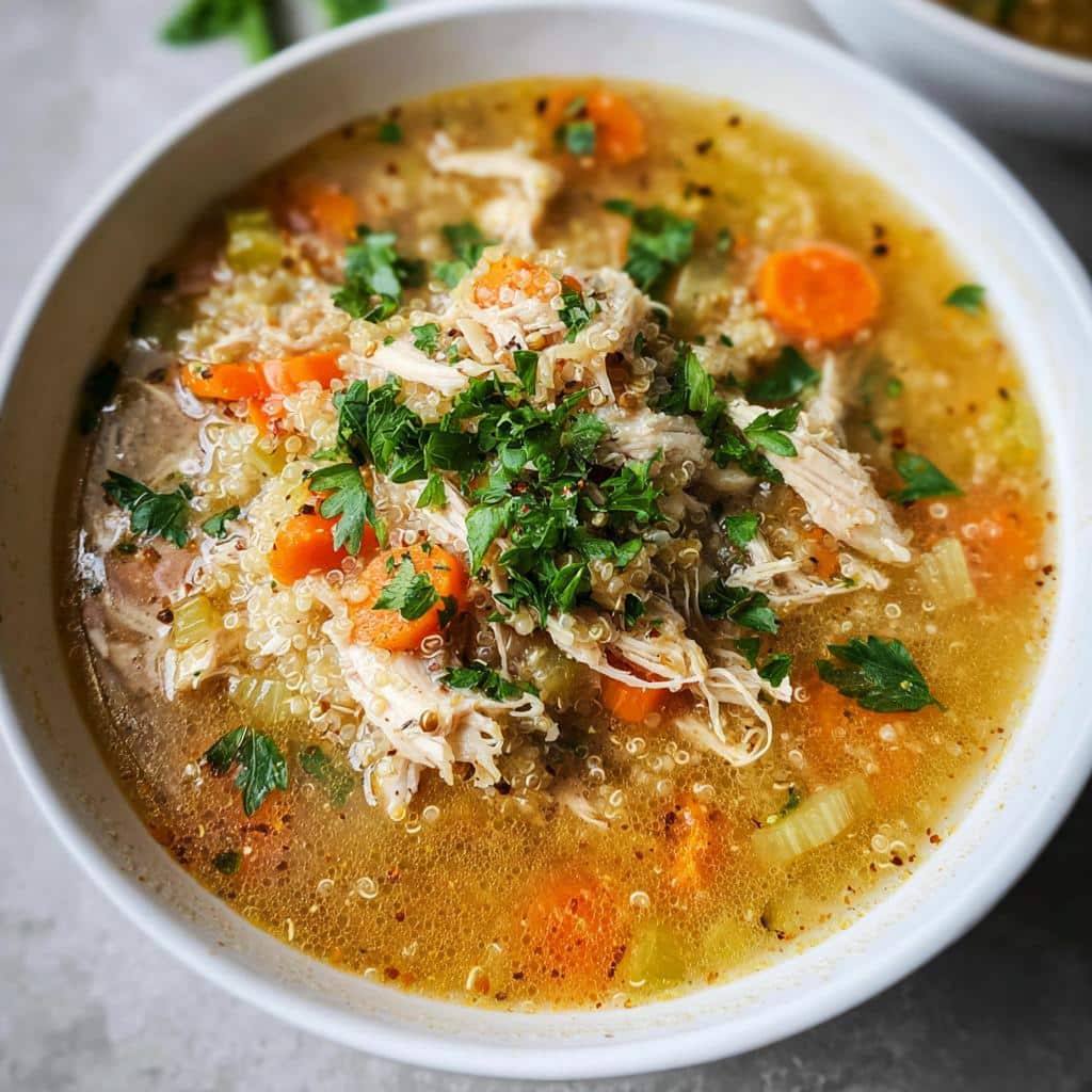 Close-up of a bowl of flavorful Chicken Quinoa Soup topped with shredded chicken, carrots, and fresh parsley.