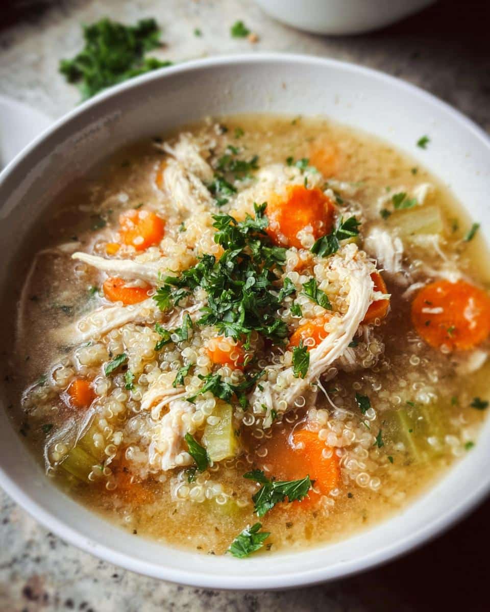 Close-up of a white bowl filled with Chicken Quinoa Soup, featuring shredded chicken, quinoa, carrots, and parsley.