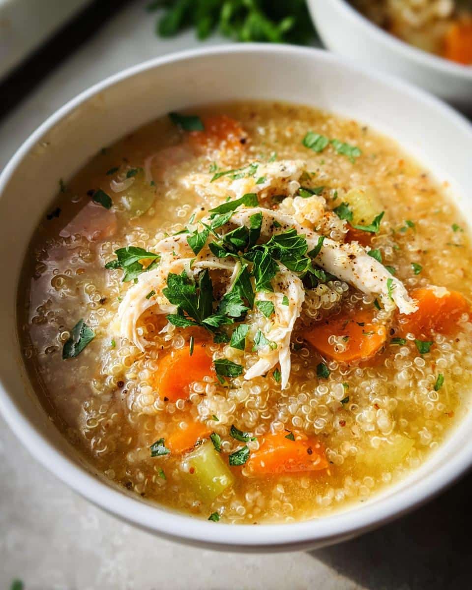 Close-up of a white bowl filled with Chicken Quinoa Soup, featuring shredded chicken, bright carrots, celery, and fresh parsley garnish.