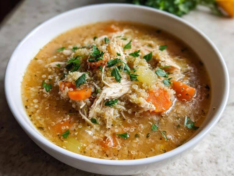 A close-up of a white bowl filled with flavorful Chicken Quinoa Soup, featuring shredded chicken, carrots, and fresh parsley.