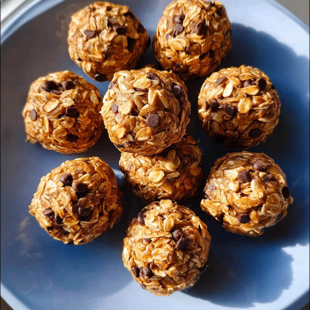 Close-up of several chocolate chip no-bake protein ball treats arranged on a blue plate.