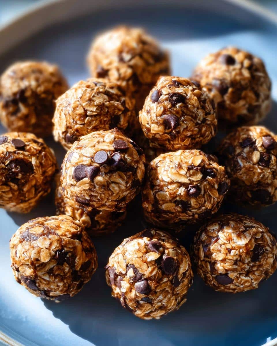 A pile of homemade no-bake protein ball treats mixed with oats and chocolate chips on a blue plate.