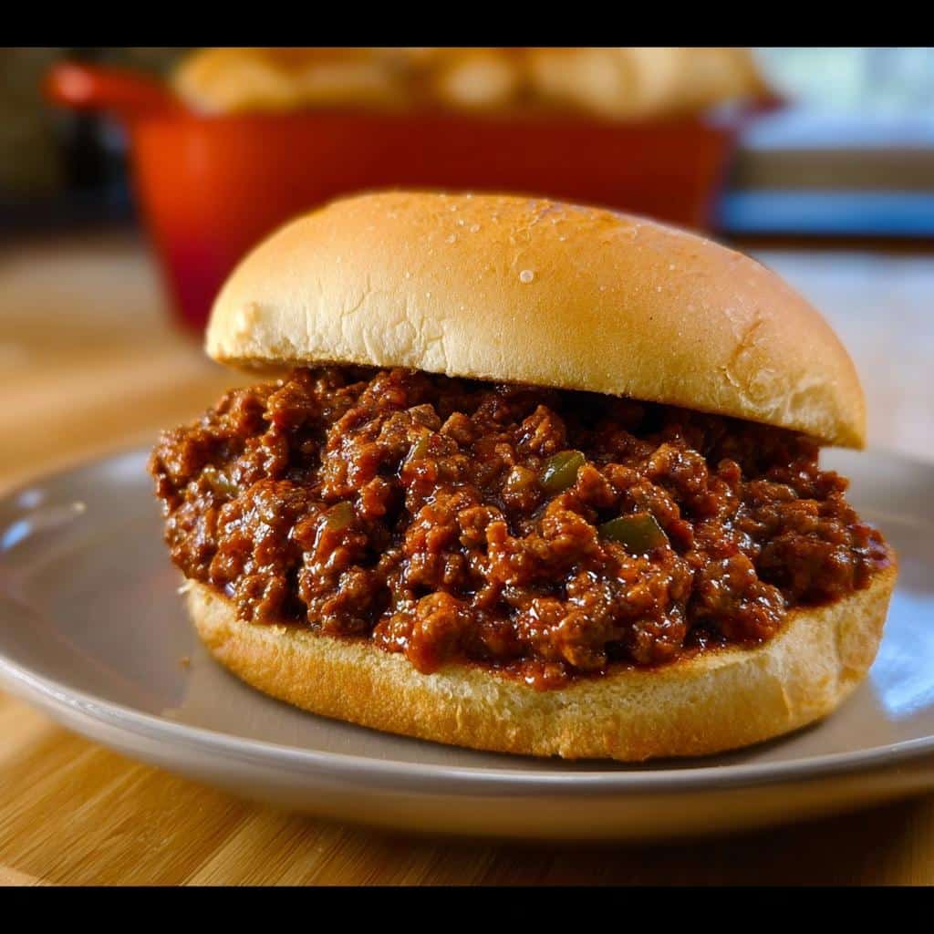 A close-up of a juicy Classic Beef Sloppy Joes sandwich served on a soft bun on a light gray plate.
